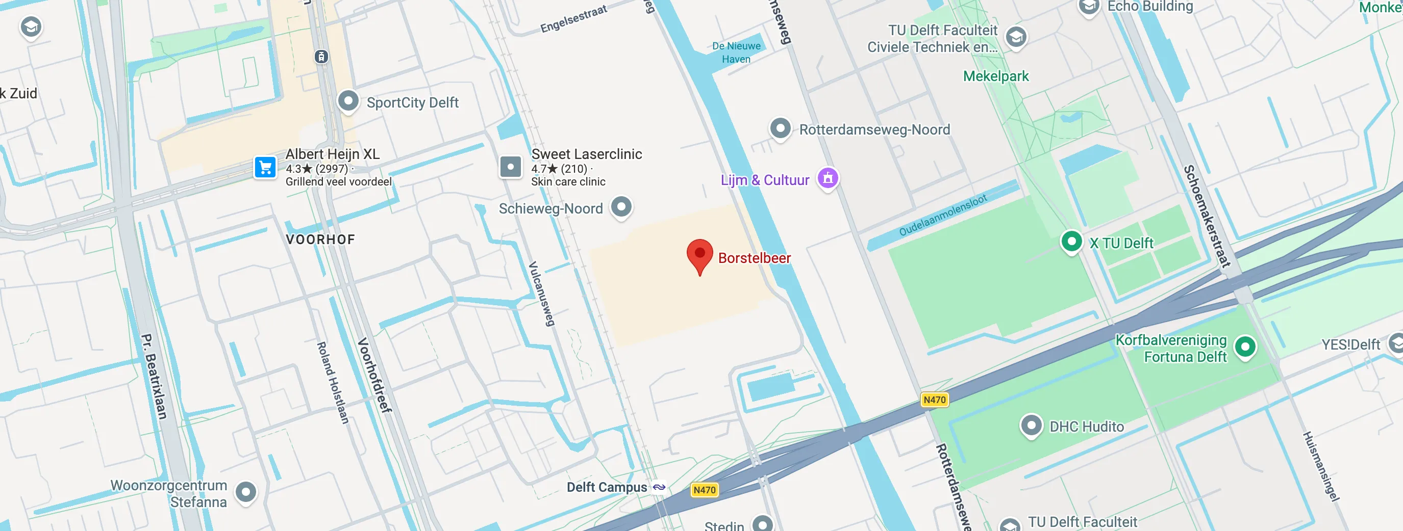 Kaart met de werkplaats van Borstelbeer aan de Schieweg 15 in Delft